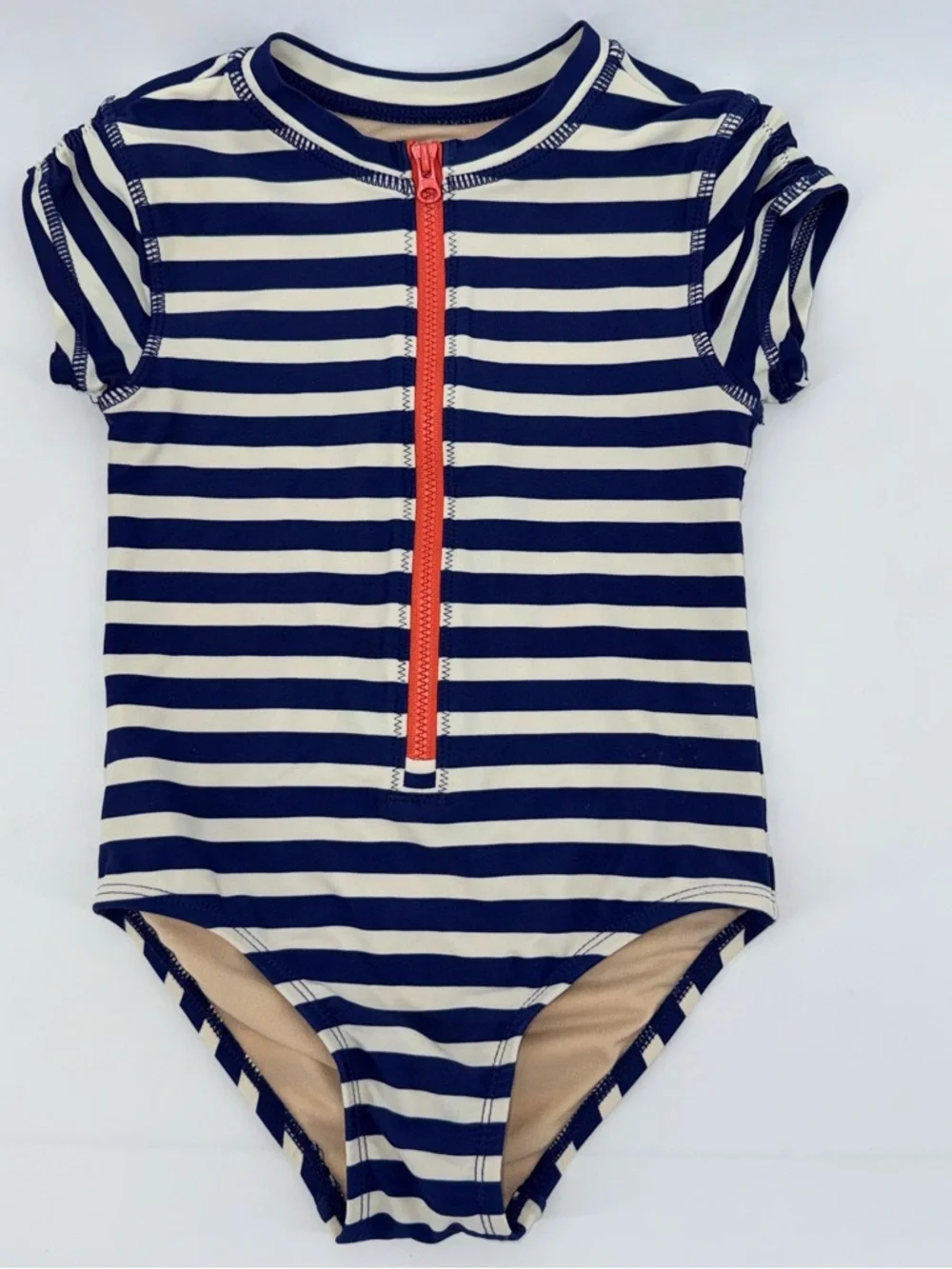 Tea Collection Girls Navy & White Striped Zip-Front One-Piece Rashguard Swimsuit